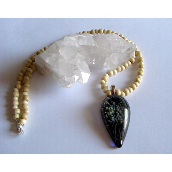 Boro Art Glass Pendant On 19" Wooden Bead Necklace Boho Style Artisan Made 2008 - Picture 13 of 14